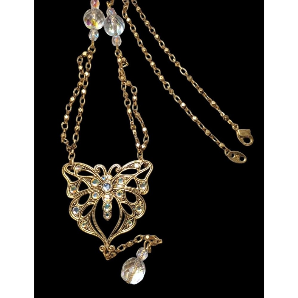 Avon Vintage Gold Tone Butterfly Y-Necklace Aurora Borealis Crystal Filigree